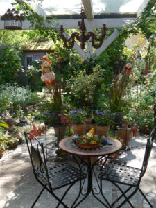 Herbstdeko in Wurzerlsgarten mit Kürbissen, Hagebutten, Efeu- und Wilden Weinranken, Bleiwurz, Gräsern und Chrysanthemen